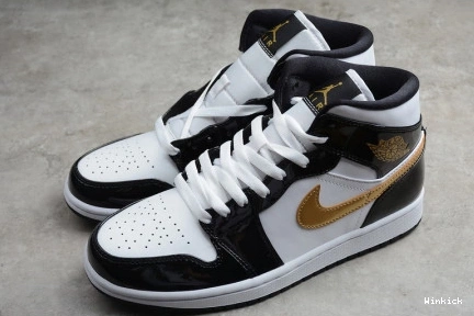 Air 852542-007 Jordan 1 Mid Black White Patent Gold 1028